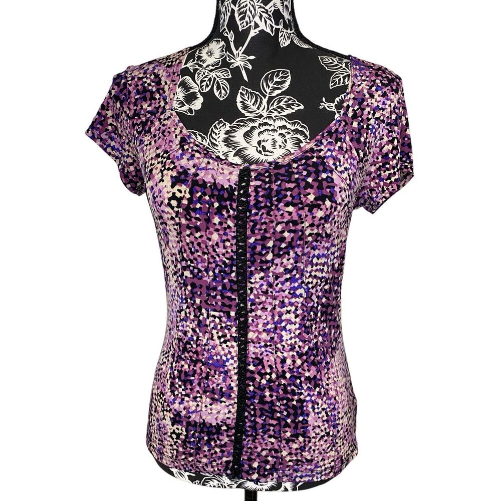 Purple Abstract Print Stretch Top Short Sleeve Women XS Small Blouse Top T Shirt